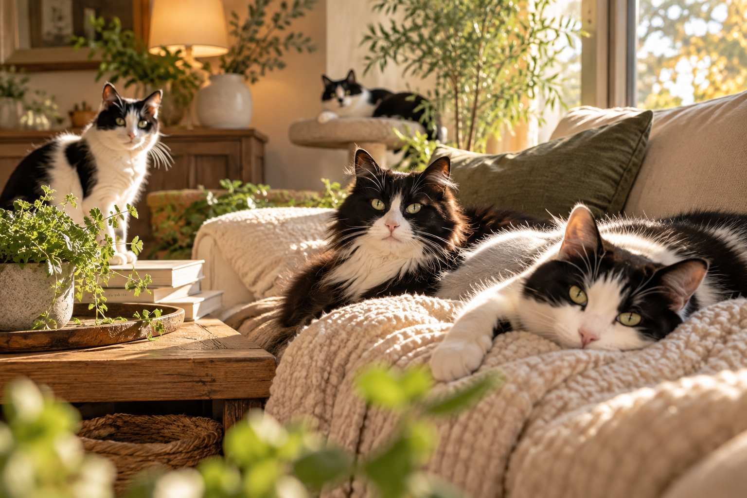 Four black and white cats relaxing on a cozy beige blanket in a sunlit living room with green plants and wooden furniture.