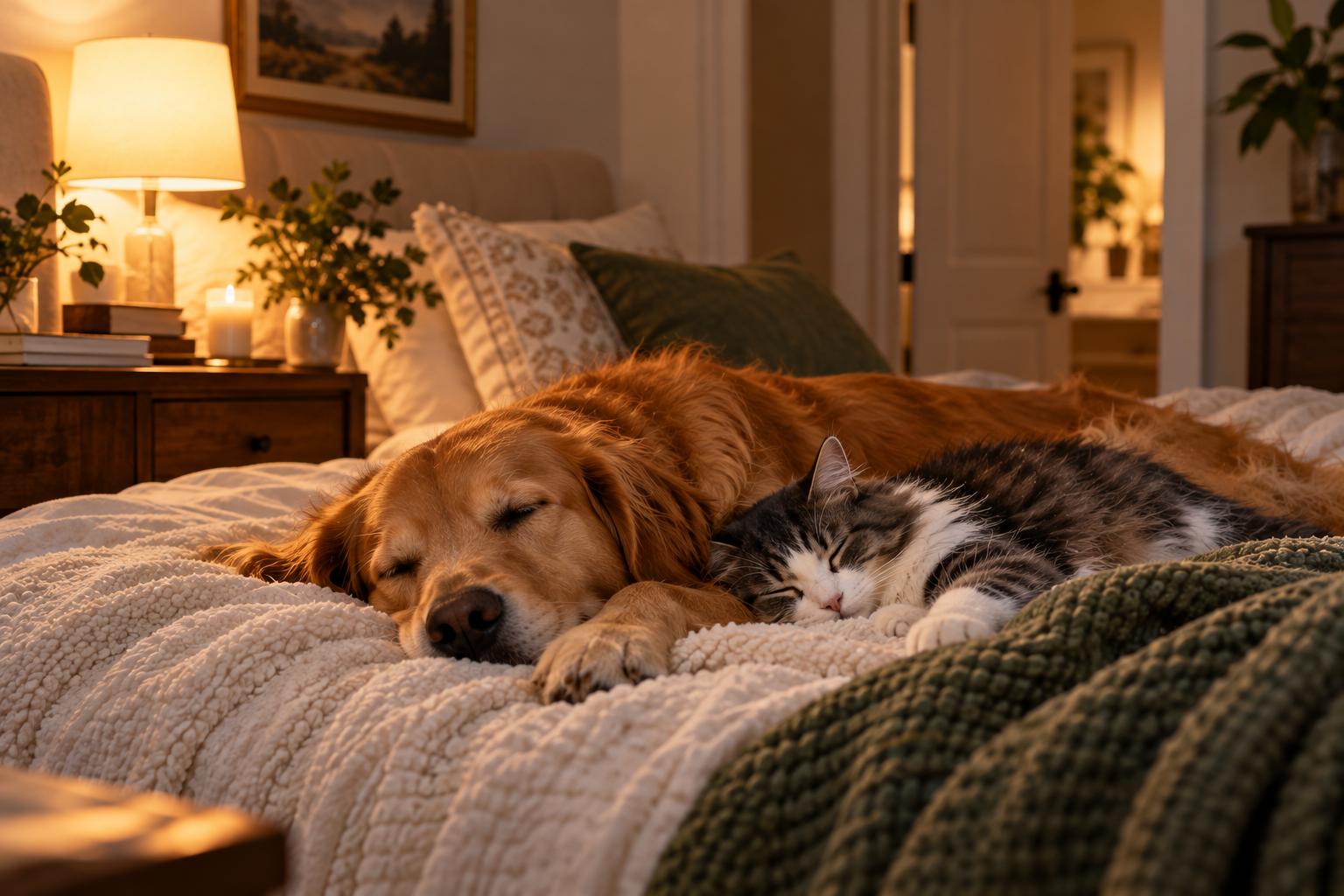 A golden retriever and a tabby cat sleeping together on a cozy bed in a warmly lit bedroom.