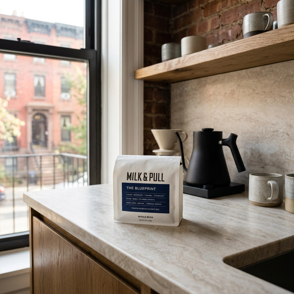 espresso whole bean coffee bean bags retail on a counter