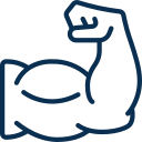 Icon of a flexed bicep muscle in a minimalistic, outline style.