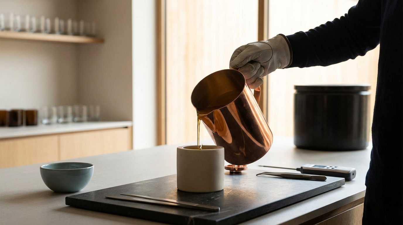 Person pouring hot water or tea into a white ceramic cup on a black tray, in a minimalist kitchen setting.