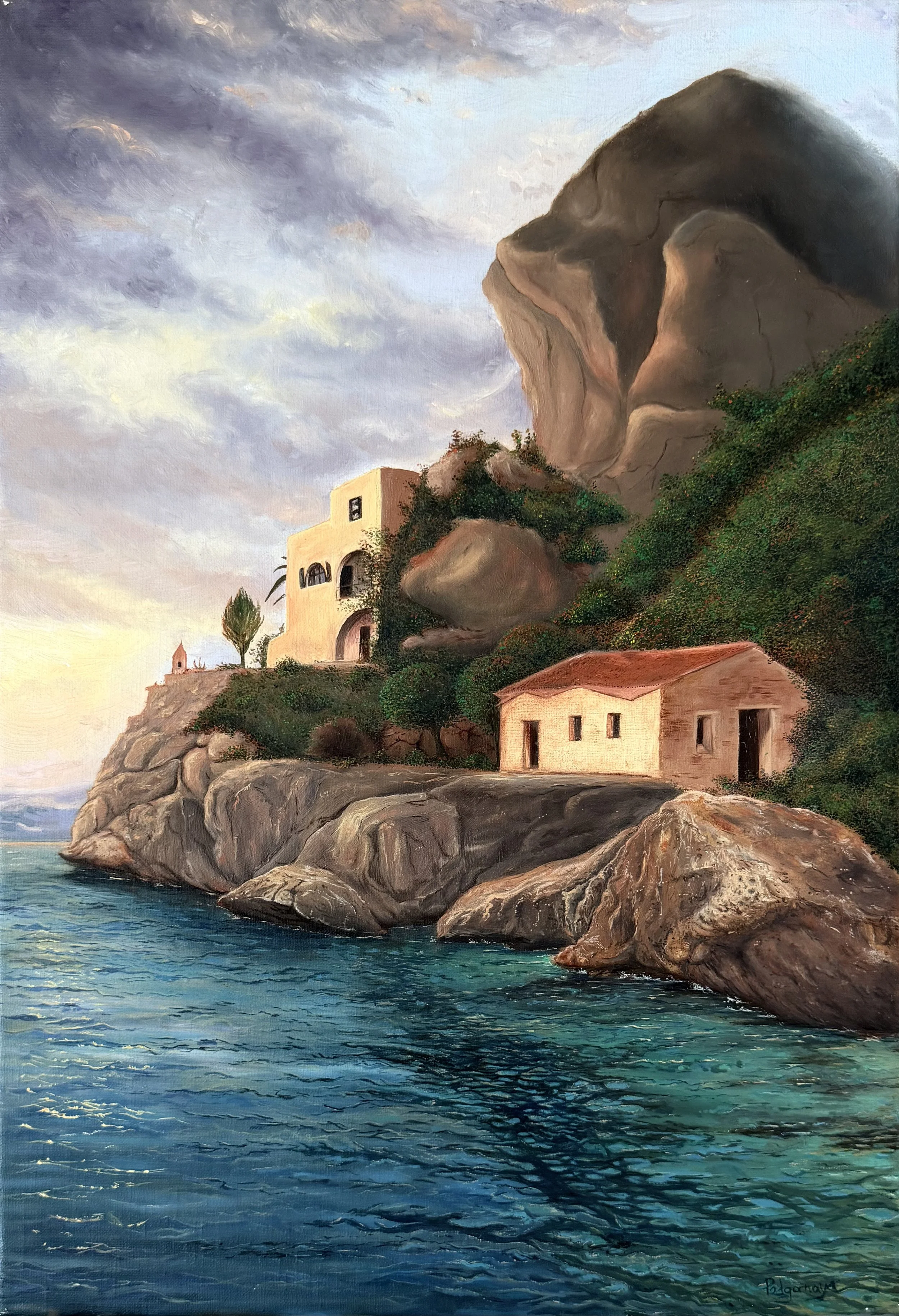 A Sicilian landscape where a small house amidst the cliffs meets the boundless sea.