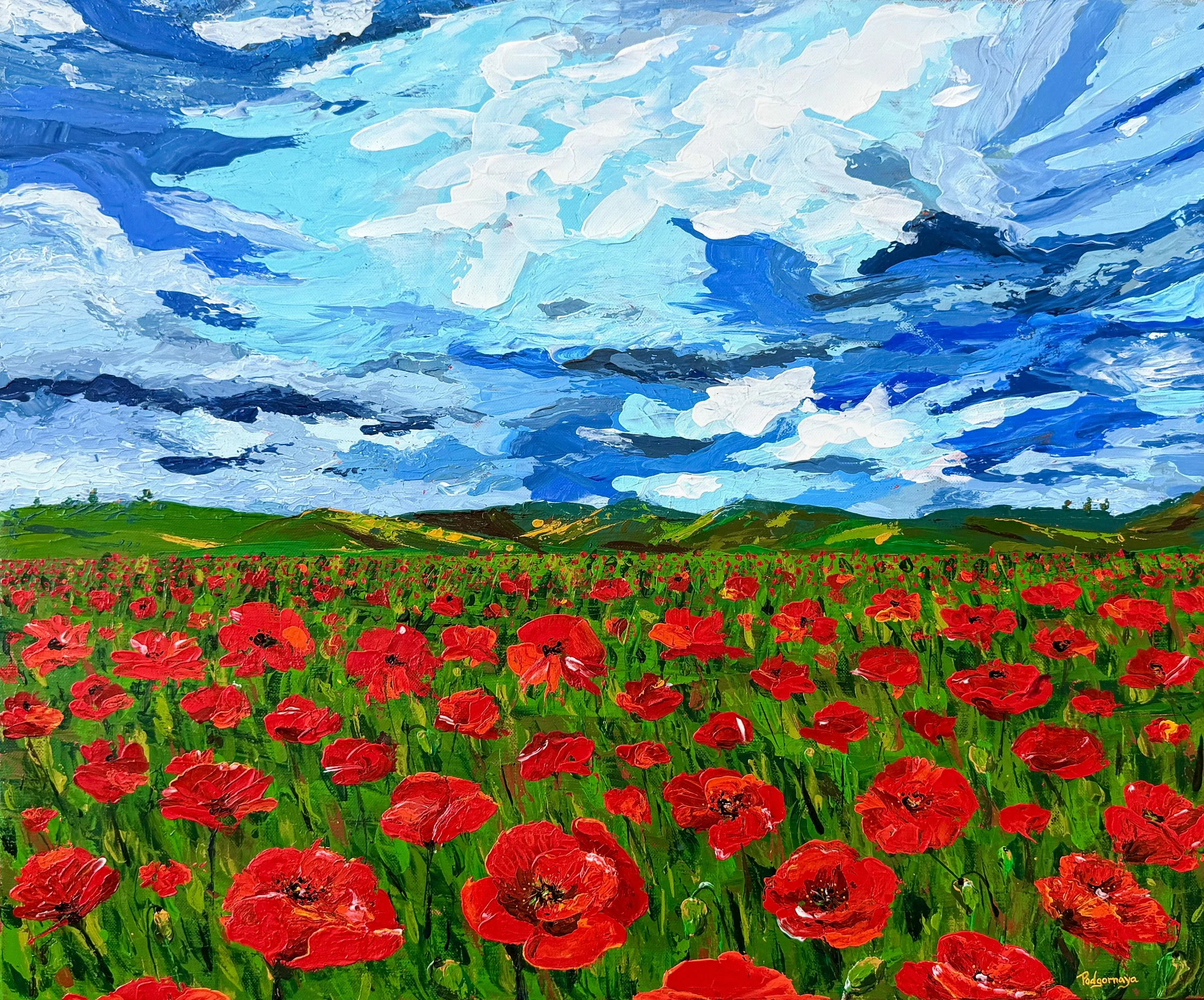 An impression of Morocco: a field of vibrant poppies beneath a vast sky, filled with light, color, and a sense of open space.