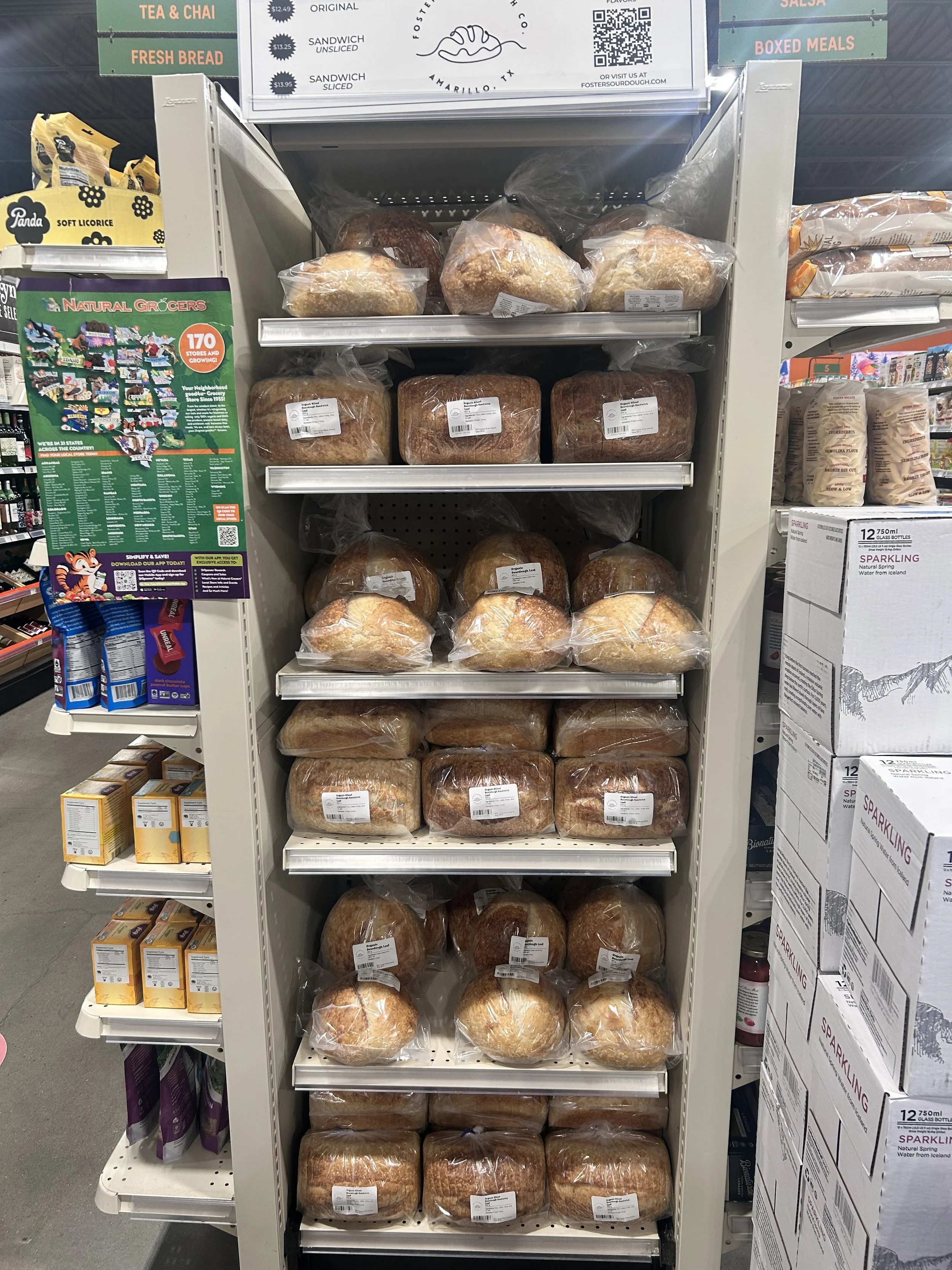 Packaged Foster Sourdough Co. loaves on display shelves at Natural Grocers in Amarillo, Texas.