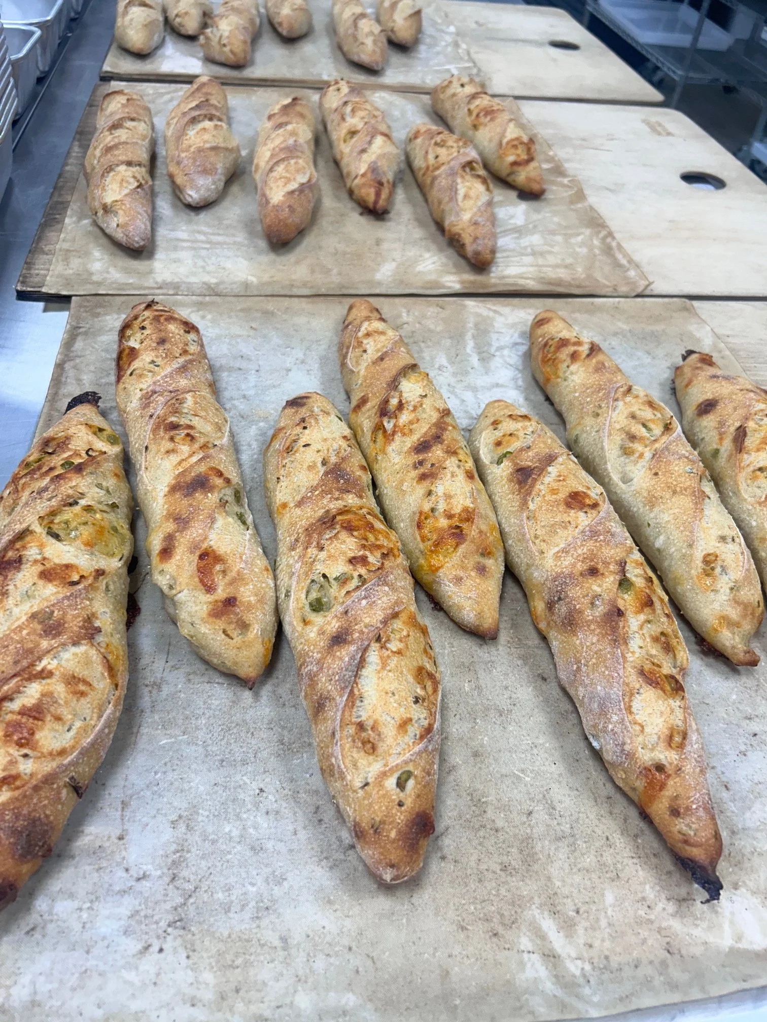 Golden sourdough baguettes with diagonal scoring arranged on baking trays.