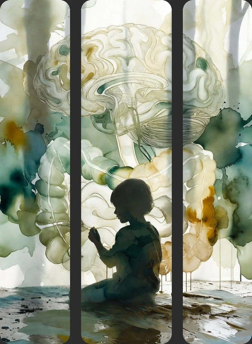 Watercolor of a child's silhouette in front of a brain and gut