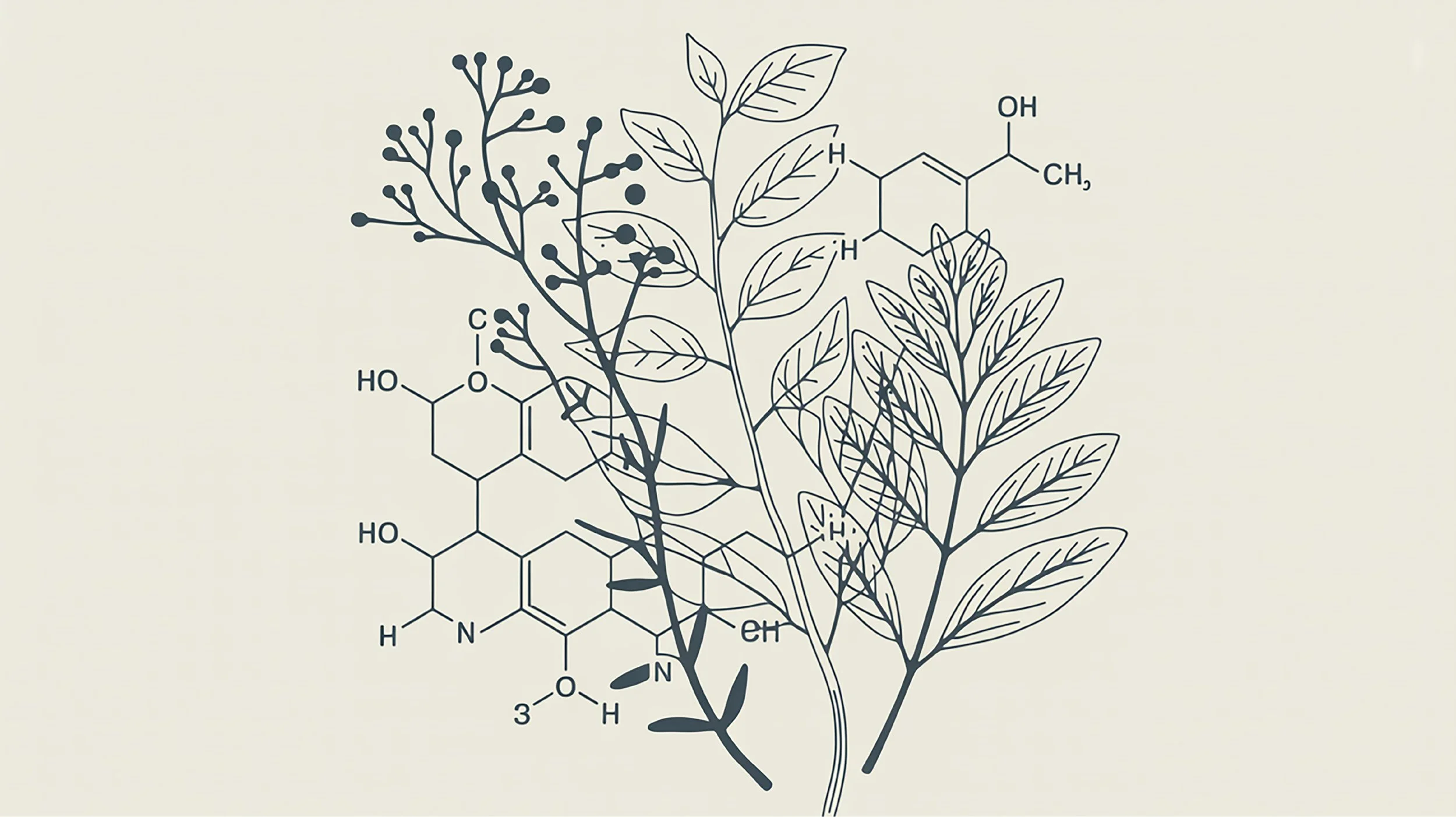 Botanical drawing with molecule diagrams, science-based natural supplements
