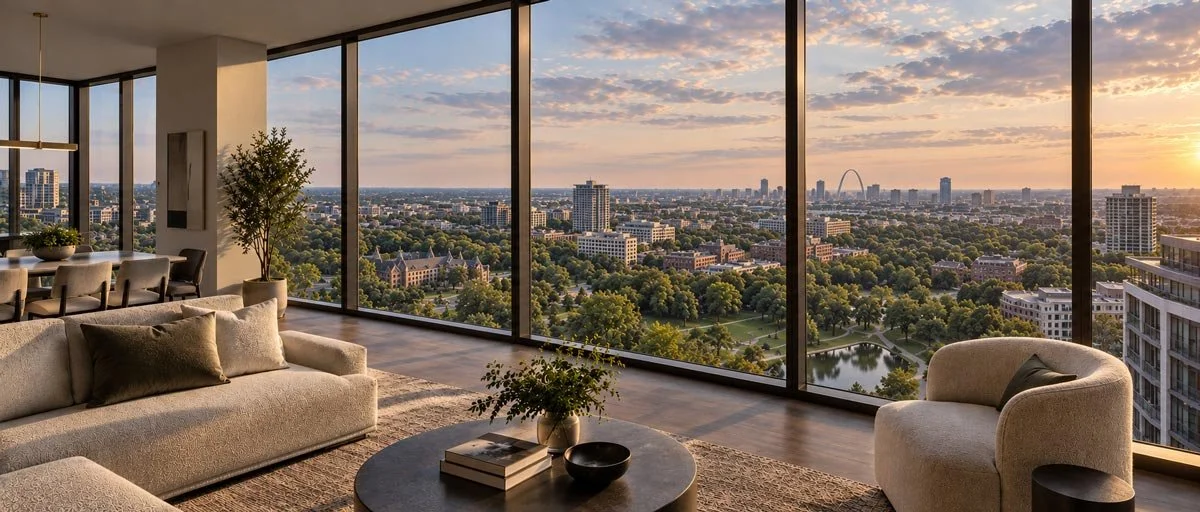 Luxury penthouse apartment living room with large floor-to-ceiling windows overlooking a city skyline at sunset, decorated with modern furniture and plants.