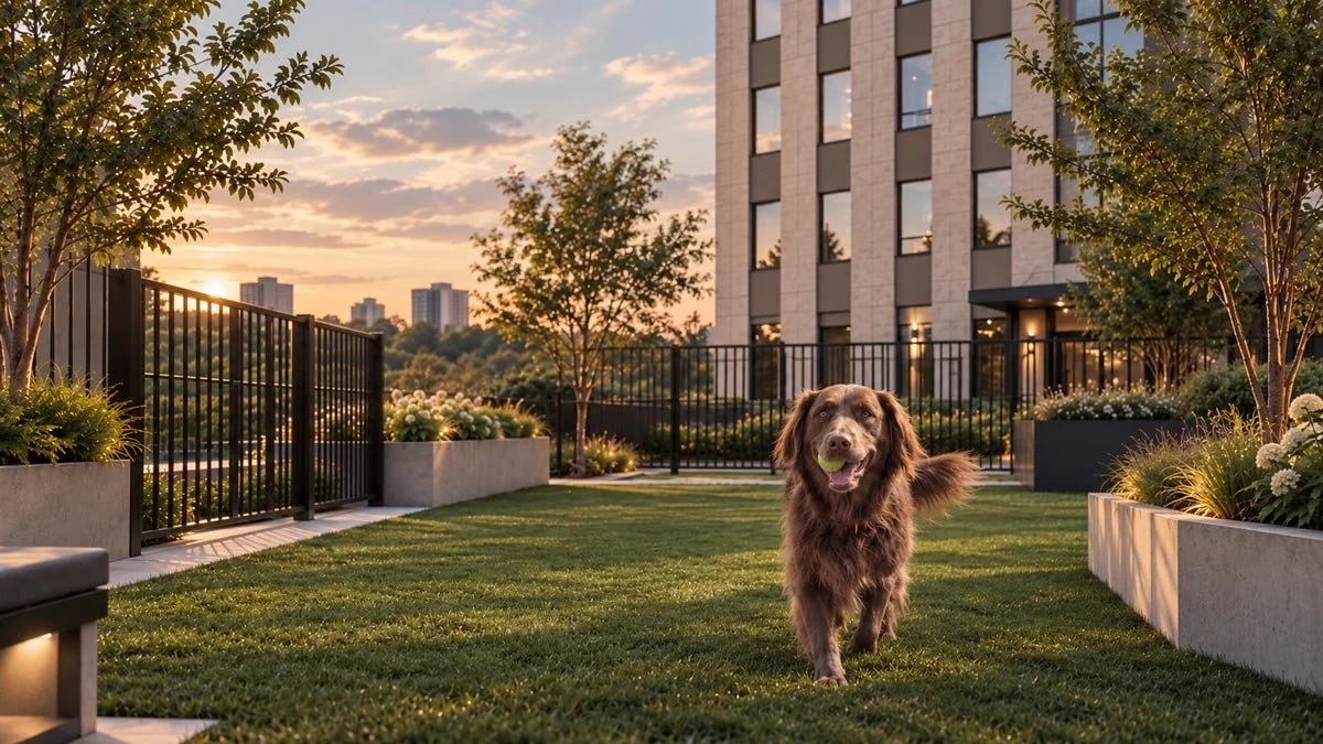 A brown dog holding a tennis ball in its mouth, walking in a landscaped backyard with a multi-story apartment building in the background during sunset.