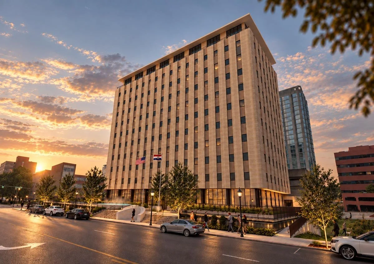 An 11-story multifamily building at sunset