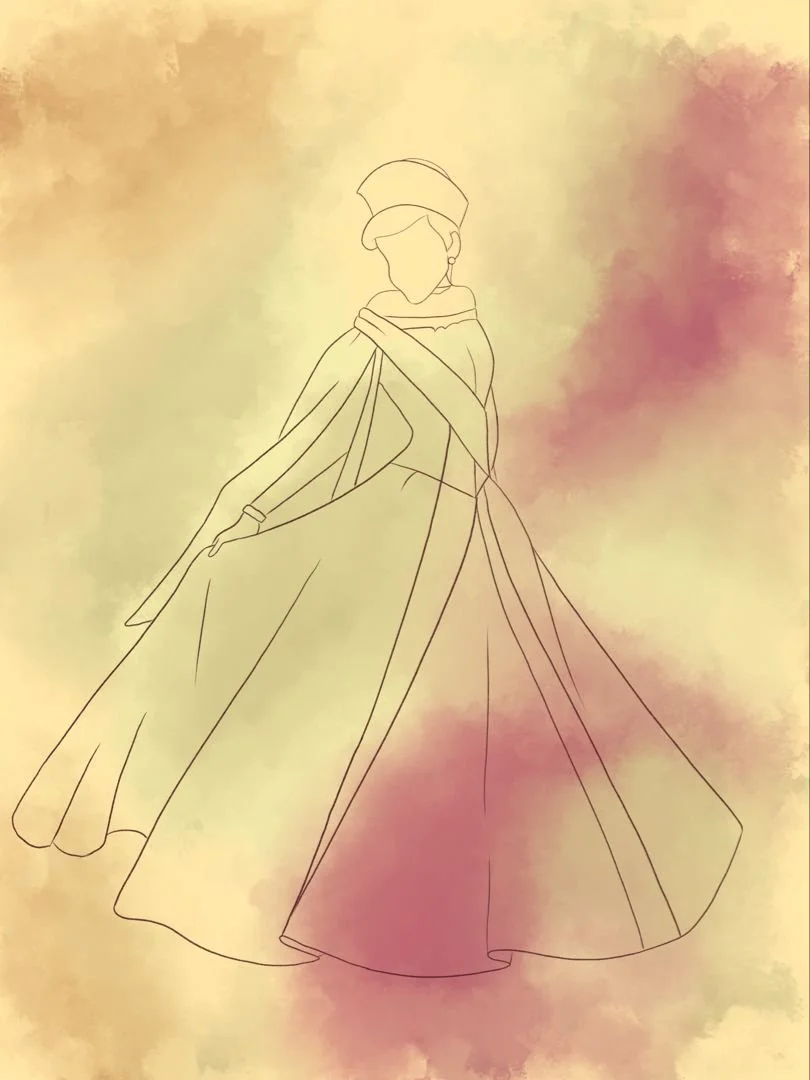Line drawing of a woman in a historic gown with an elaborate hat, holding her skirt, against a watercolor background.