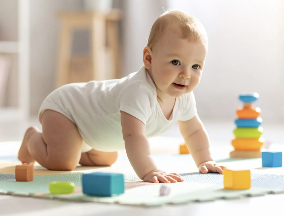 A baby crawling on a play mat surrounded by colorful toys, with a stack of multicolored rings in the background.