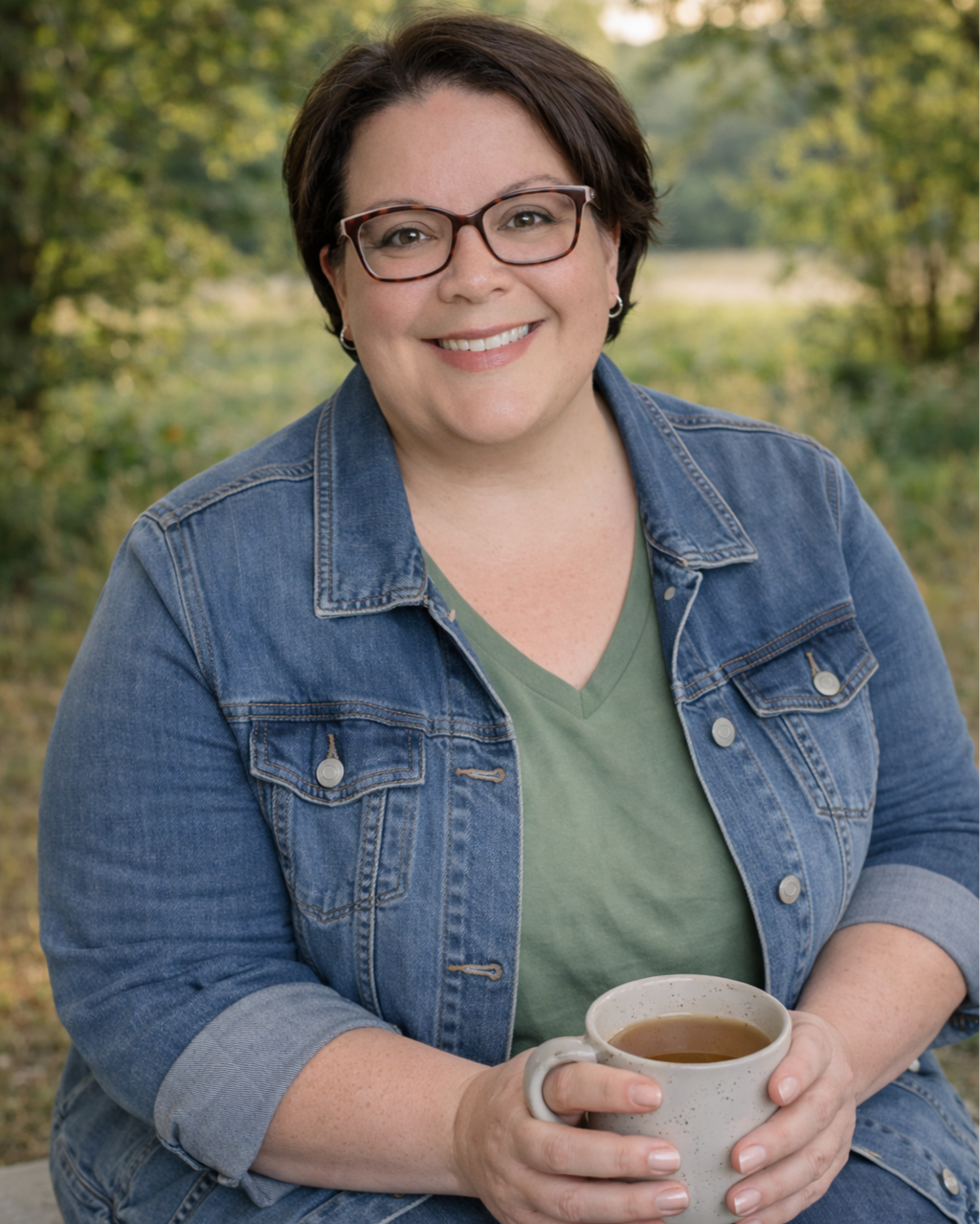 A woman chiropractor with short dark hair, glasses, and a denim jacket smiling outdoors while holding a mug of coffee.