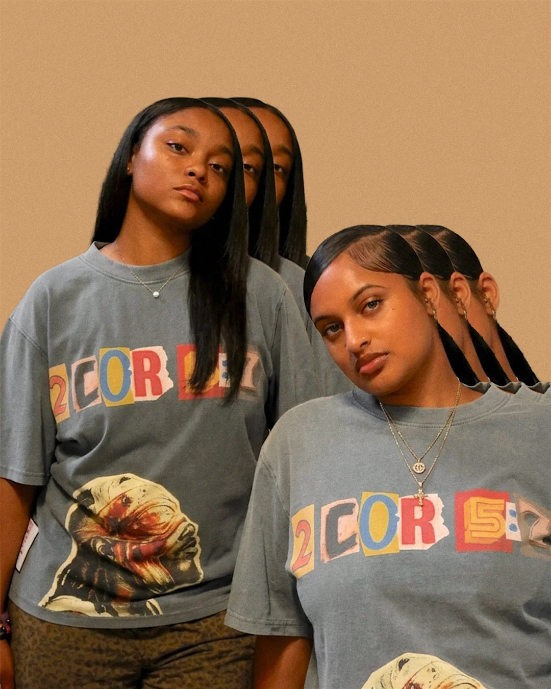Two women with dark hair and brown skin, wearing identical gray graphic t-shirts, standing against a beige background. Their hair is styled differently, and they have jewelry including necklaces and earrings. The image has a visual effect of repeatin