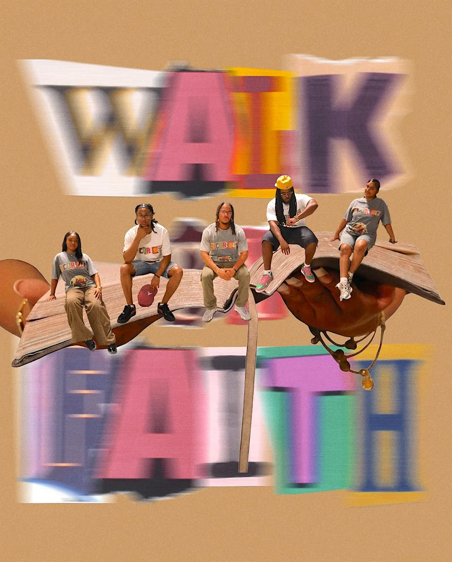 Five people sitting on a large floating open book with colorful, blurred letters spelling 'WAK' in the background.