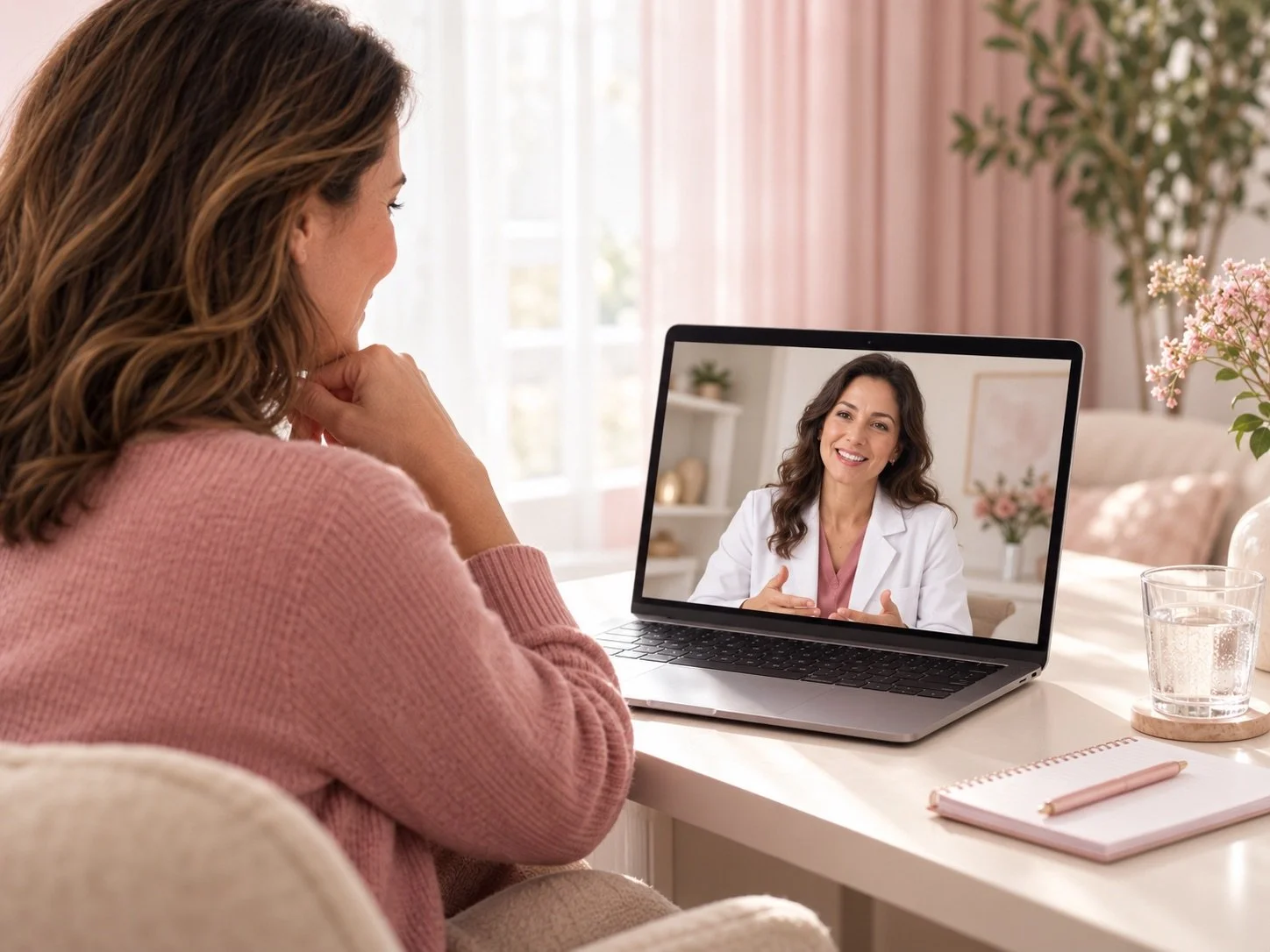 A woman in a pink sweater is sitting at a desk during a video call with a female doctor, who is wearing a white coat and smiling.