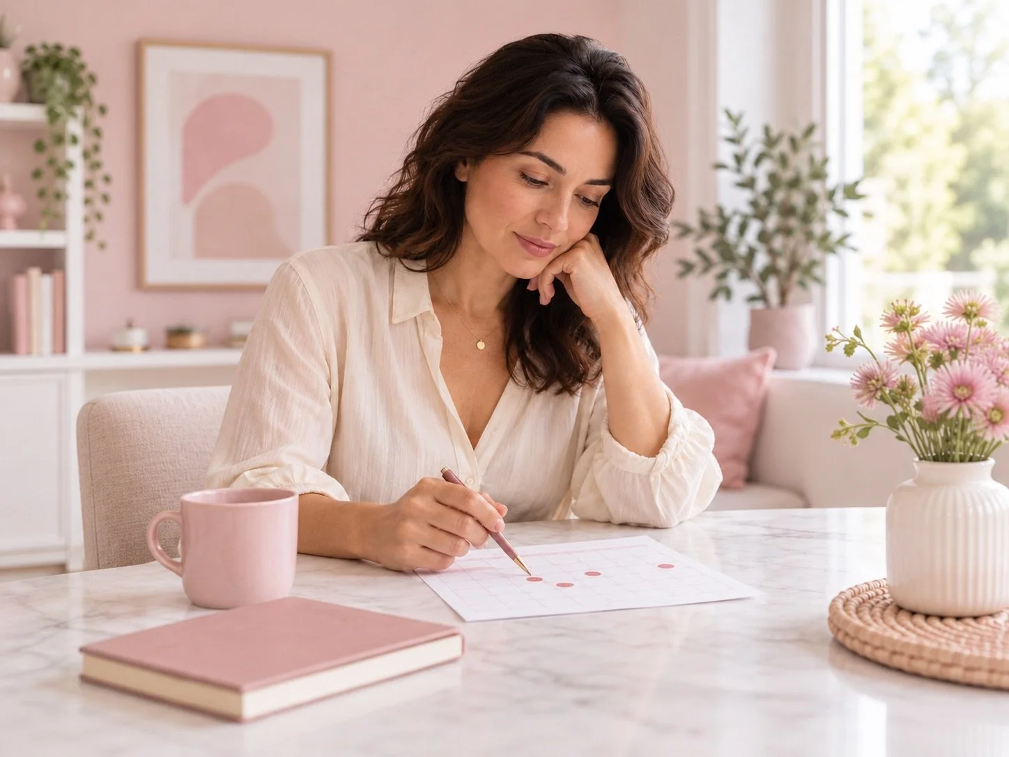 A woman sitting at a marble table in a bright, pink-themed room, working on a calendar with a marker. There is a pink mug, a closed pink notebook, and a vase with pink flowers on the table, with a bookshelf and window with greenery outside in the background.