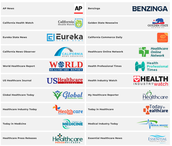 Collage of healthcare and news publication logos, including AP News, Benzinga, California Health Watch, Golden State Newswire, Eureka State News, California Commerce Daily, California News Observer, Healthcare Online Network, World Healthcare Report, Health Professional Times, US Healthcare Journal, Health Industry Watch, Global Healthcare Today, My Healthcare Reporter, Healthcare Industry Today, Today in Healthcare, Today in Medicine, Medical Industry Today, Healthcare Press Releases, and Essential Healthcare News.