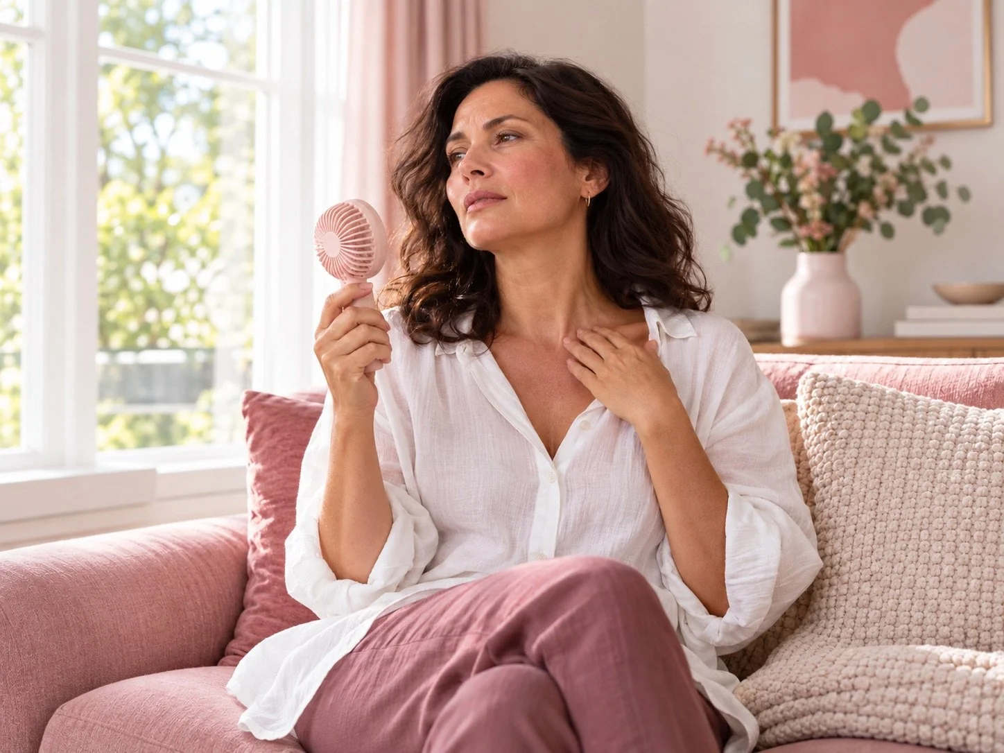 A woman sitting on a pink couch, holding a small pink portable fan near her face, with her hand on her chest, in a bright room with large windows and modern decor.