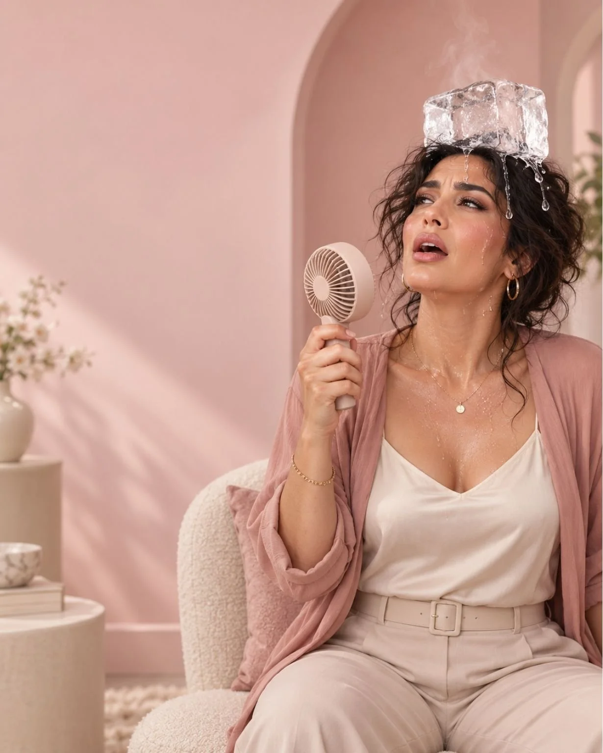 A woman sitting on a beige chair with a pink background, holding a small beige fan, with a large ice cube on her head and melting water dripping down her face. She looks uncomfortable or tired.