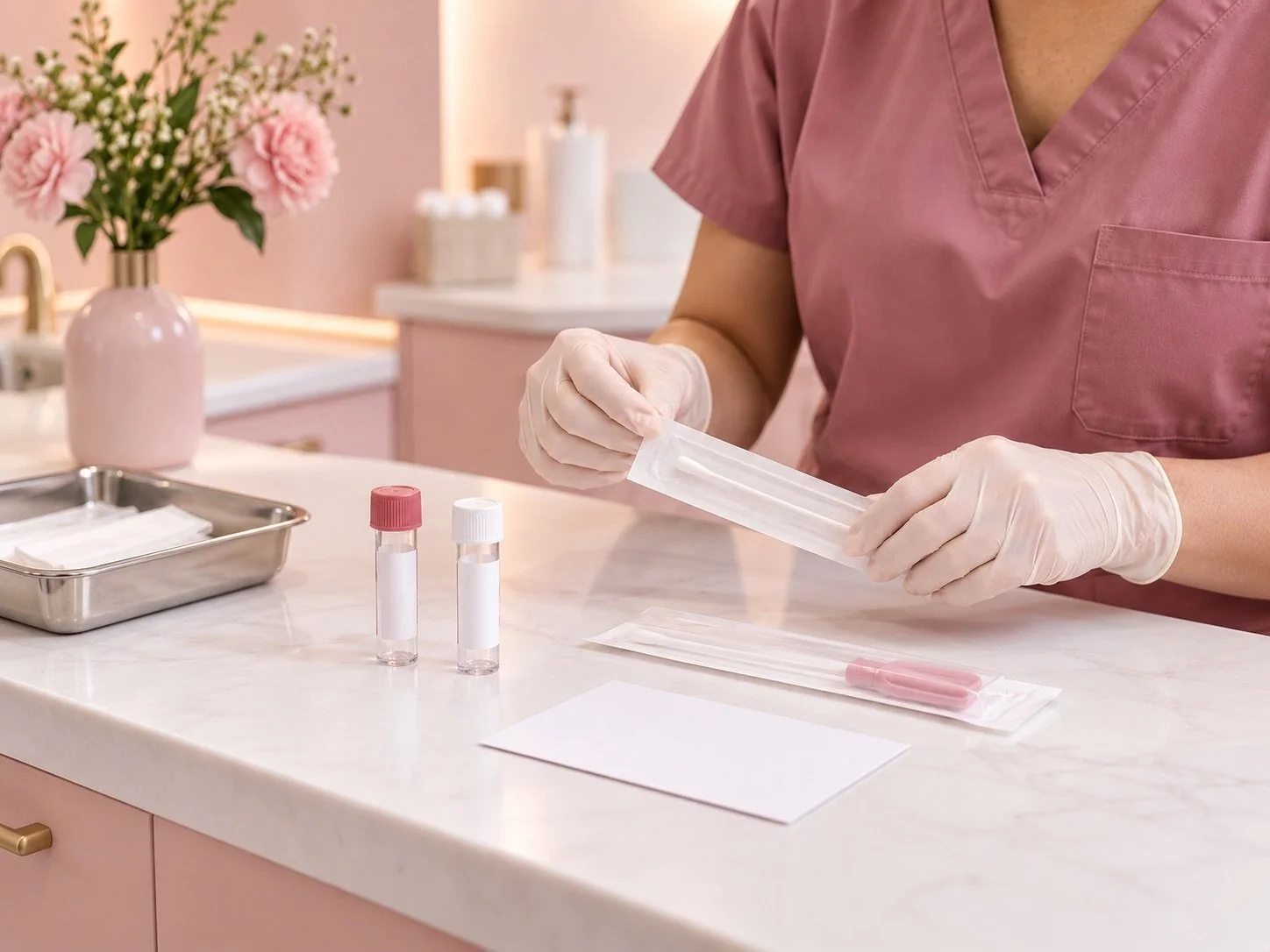 A healthcare worker wearing pink scrubs and gloves preparing COVID-19 test kits on a white countertop, with flowers in a pink vase in the background.