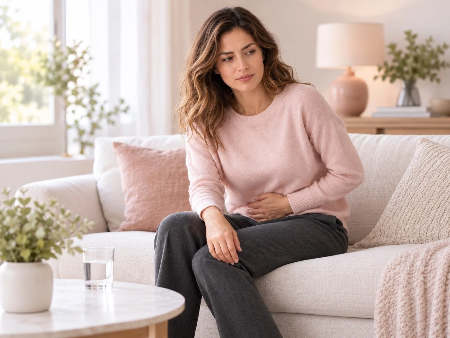 A woman sitting on a couch, holding her stomach, appearing to experience stomach pain or discomfort.