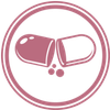 Pink emblem featuring a stylized skull with a bandana and crossed bones