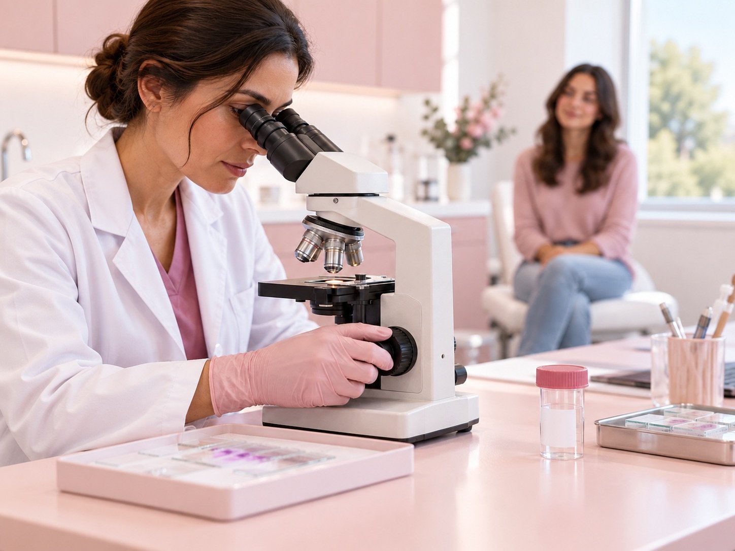 A scientist examining samples through a microscope in a medical or laboratory setting, with a woman sitting in a chair in the background smiling.