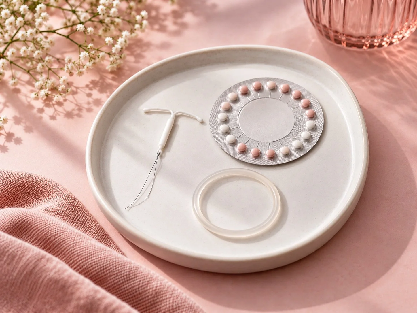 A circular white plate with a vaginal contraceptive ring, a pack of pink and white pills, and a small applicator tool is on a pink surface. There are white flowers and a pink glass cup nearby.