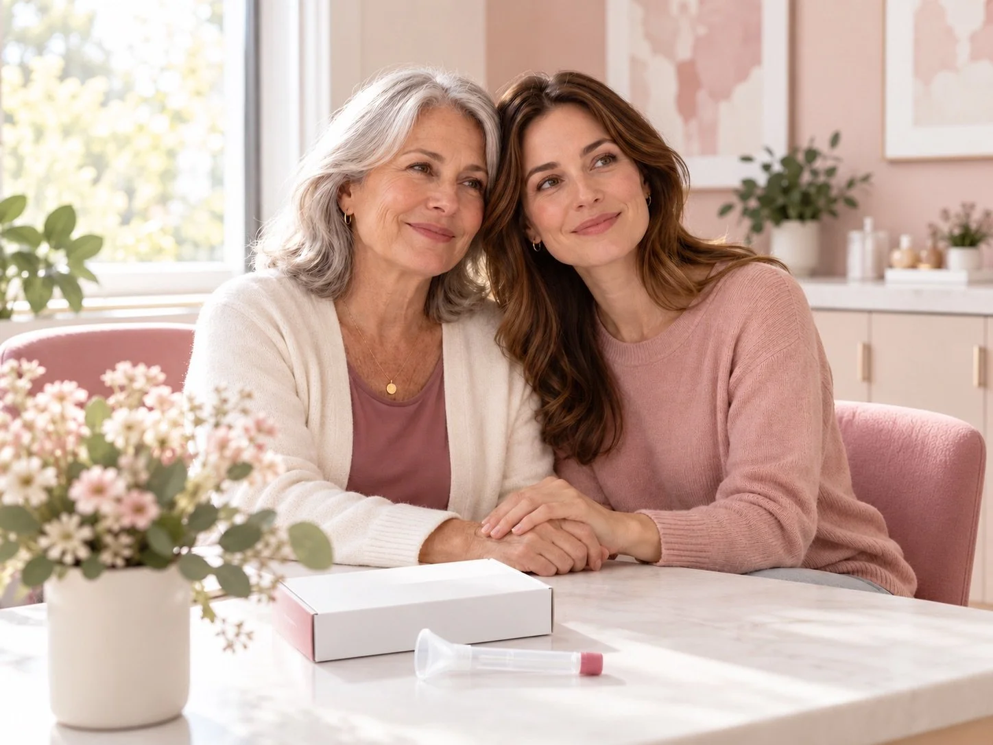 Two women sitting at a table, smiling and holding hands. One older woman with gray hair, the other younger woman with long, wavy brown hair. A pink box and a small plastic tube are on the table, with a vase of pink and white flowers in the foreground, in a bright room with pink walls, plants, and artwork.