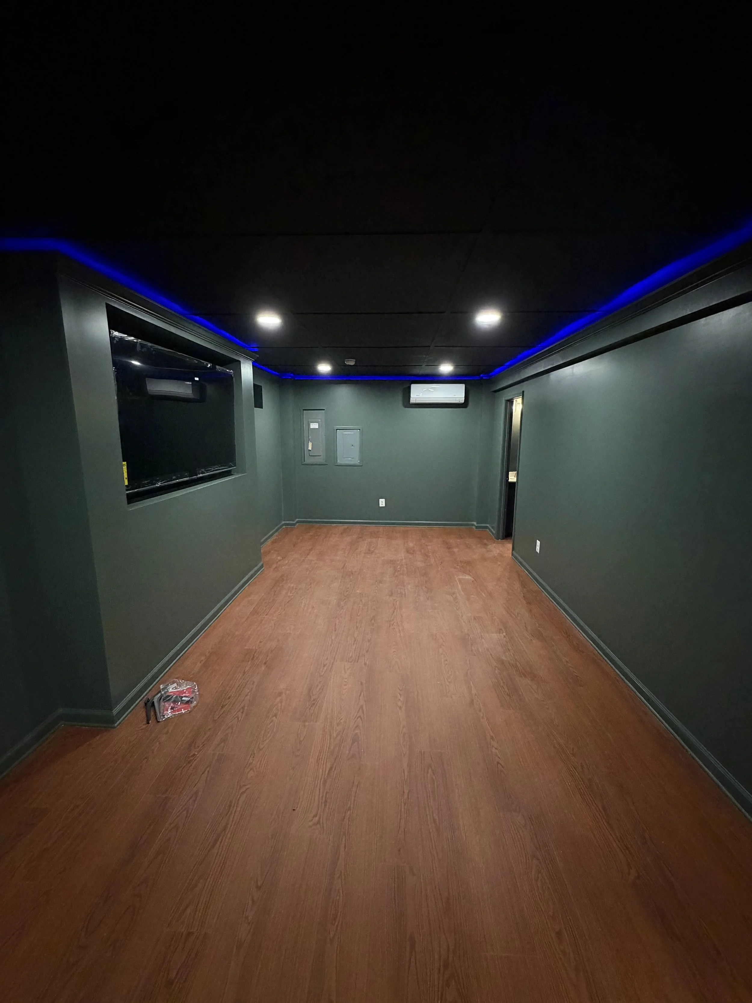 Empty room with dark green walls, hardwood floor, black ceiling with blue LED strip lighting, wall-mounted television, air conditioning unit, electrical panels, and a door.
