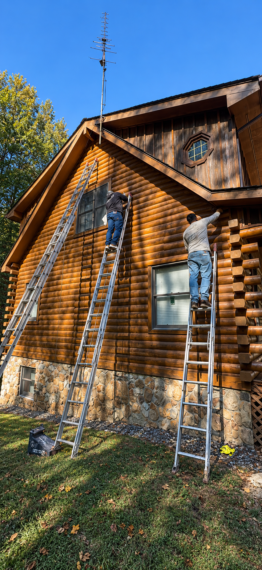 Two workers on ladders installing or repairing an antenna on the roof of a log cabin-style house. The house has a stone foundation, wooden siding, and a small window with a hexagonal frame. There are trees with green leaves in the background and a clear blue sky.