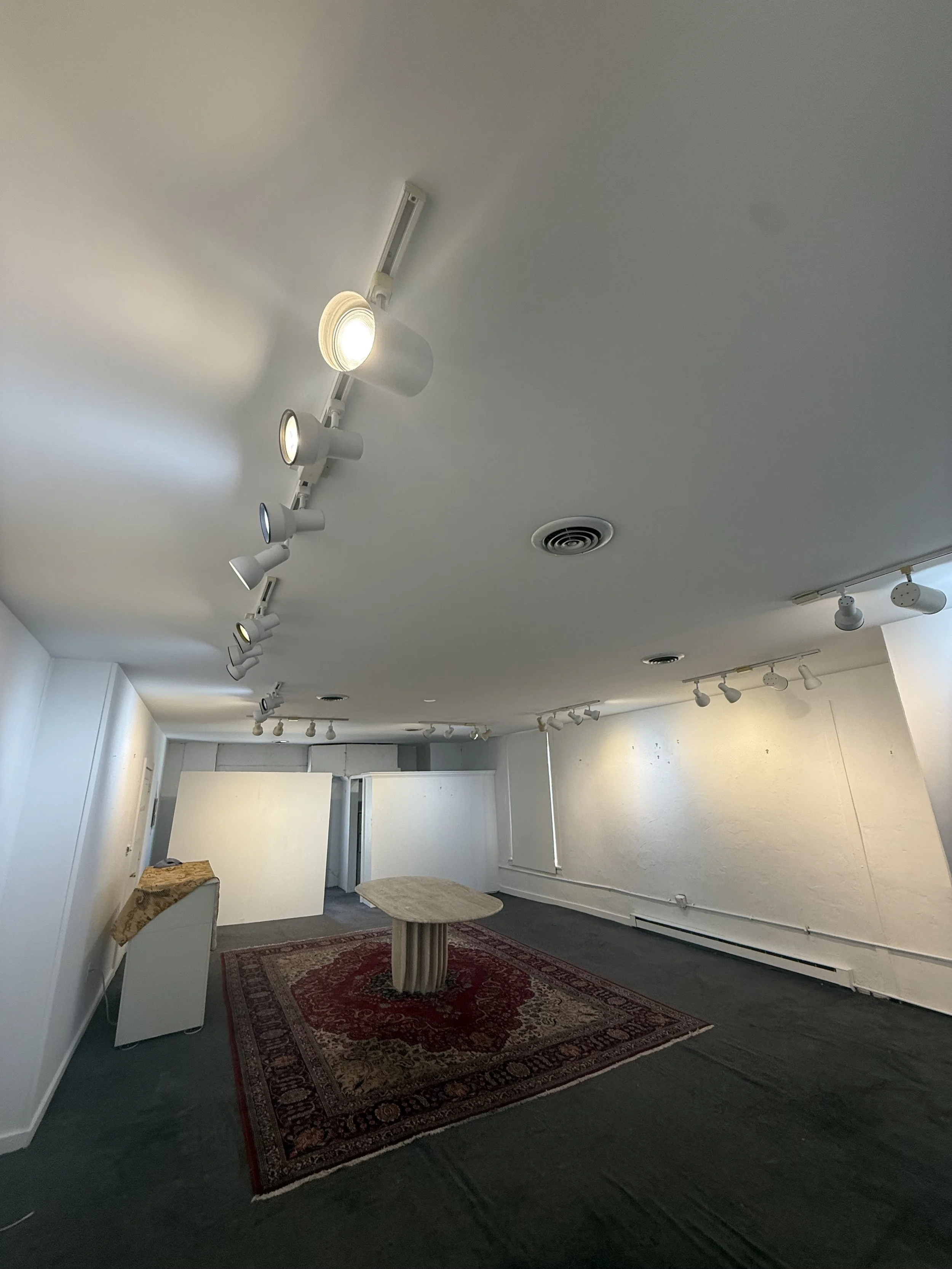 An empty room with a drop ceiling featuring multiple track lights and ventilation vents, a patterned rug on dark flooring, a small table with a carved column base, and a white desk with a cloth cover. There are white walls and a white partition or do