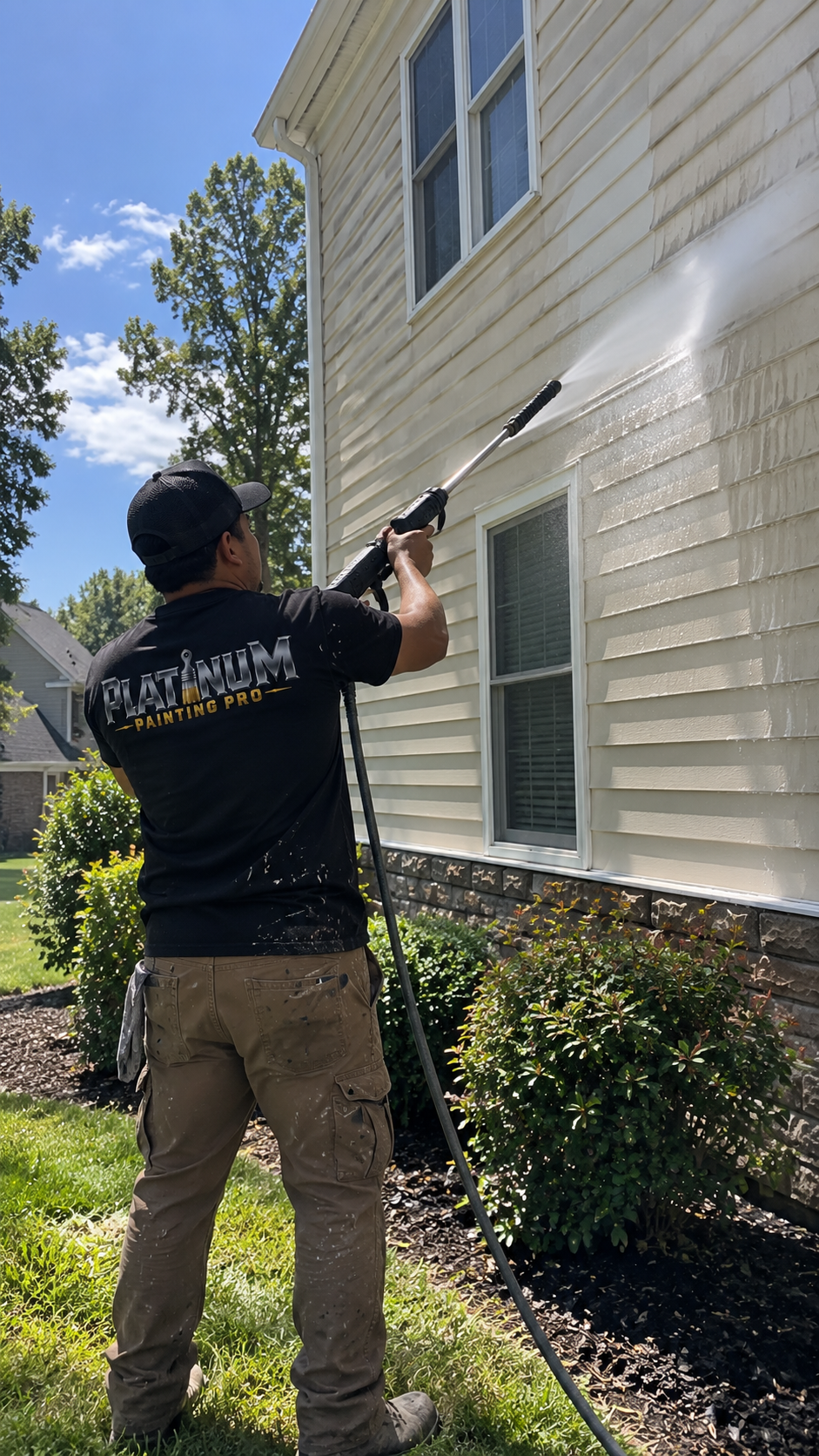 A man wearing a black shirt with 'PLATINUM PAINTING PRO' on the back is pressure washing the exterior wall of a house with white siding. The house has two windows, and there are green shrubs and grass in the yard. The sky is blue with some clouds.