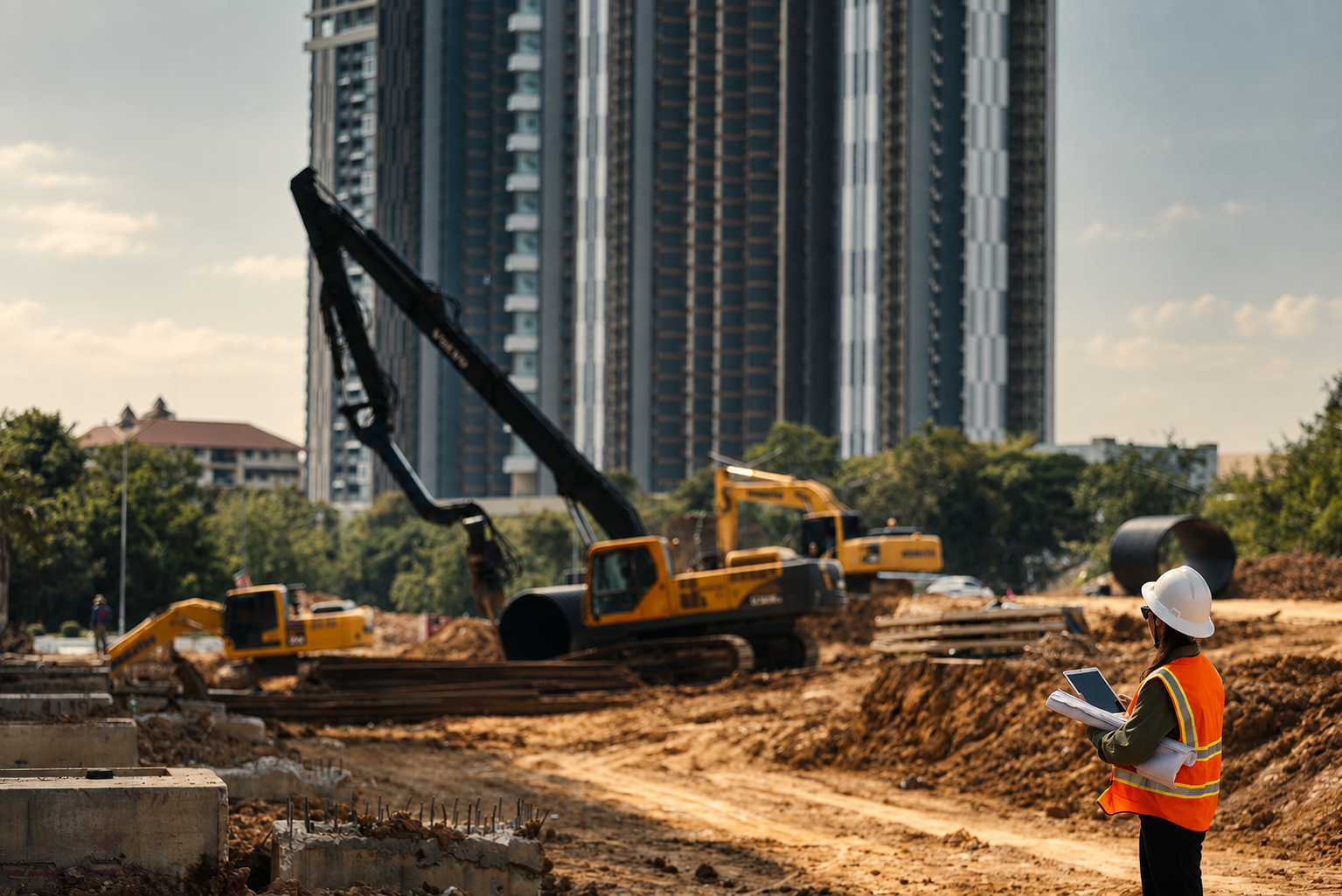 Construction site with excavators and a supervisor in a safety vest and helmet checking plans, with tall buildings in the background.