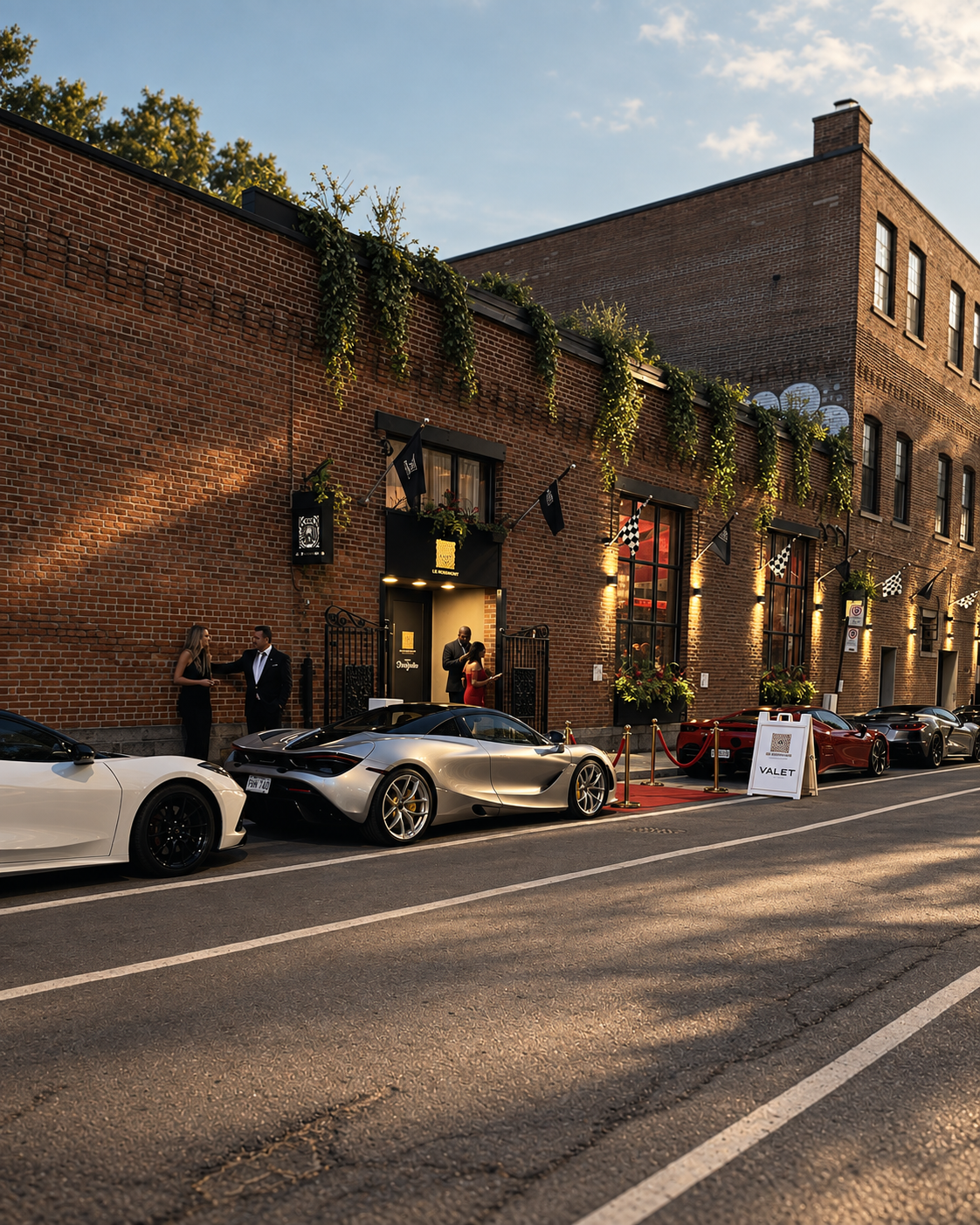 Luxury cars parked outside a brick building with people dressed formal for an event, with a valet sign and checkered flags on the building, during evening with warm lighting.
