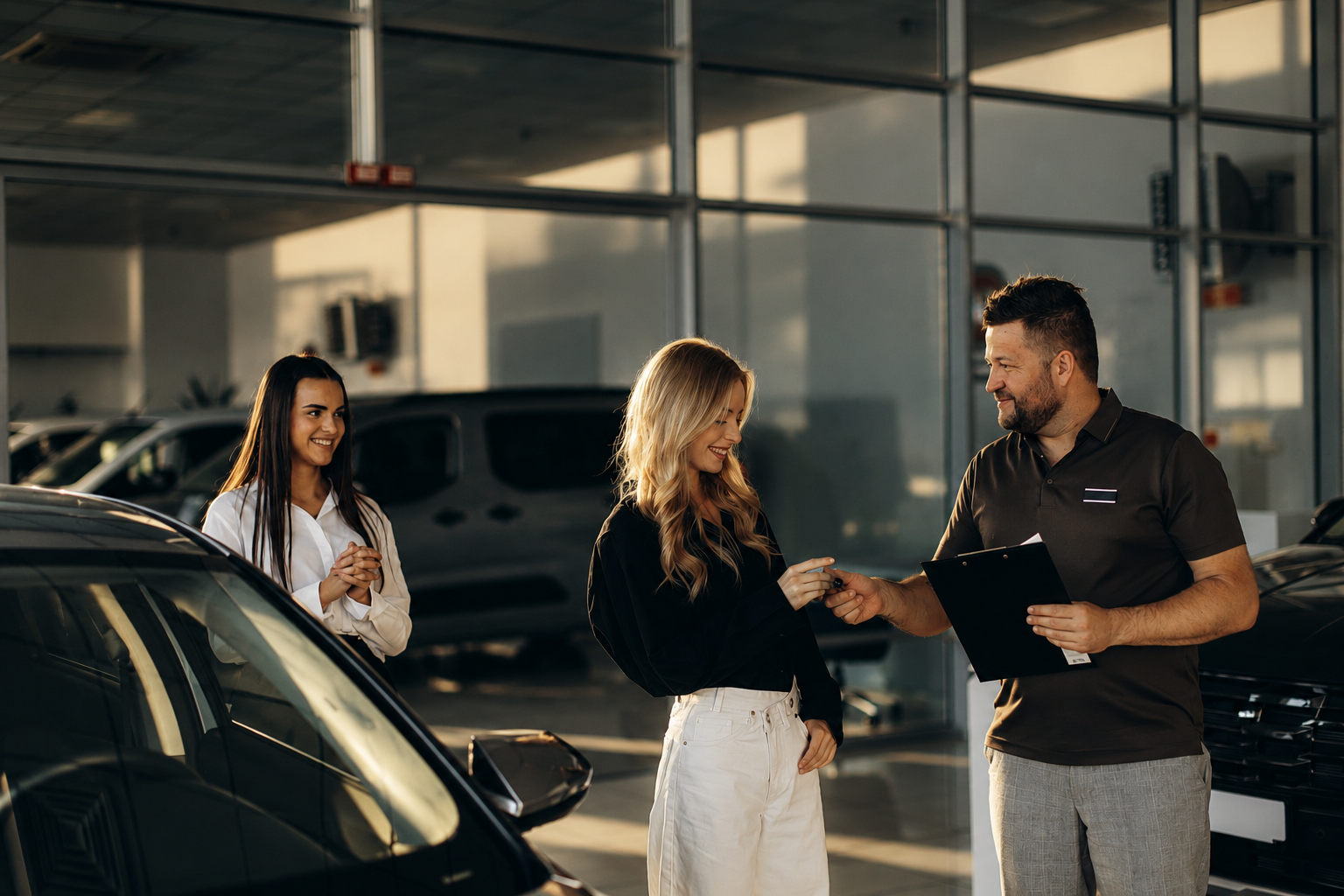 A car dealership showroom with a man handing car keys to a woman, while another woman watches approvingly.