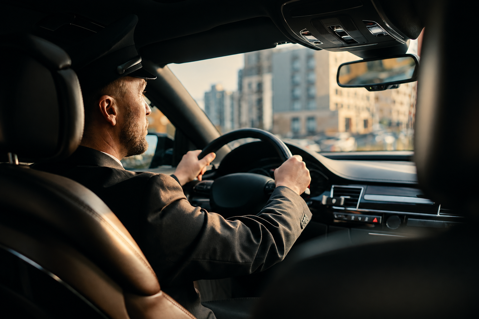 Man driving a car in an urban area during daylight, with high-rise buildings visible outside.