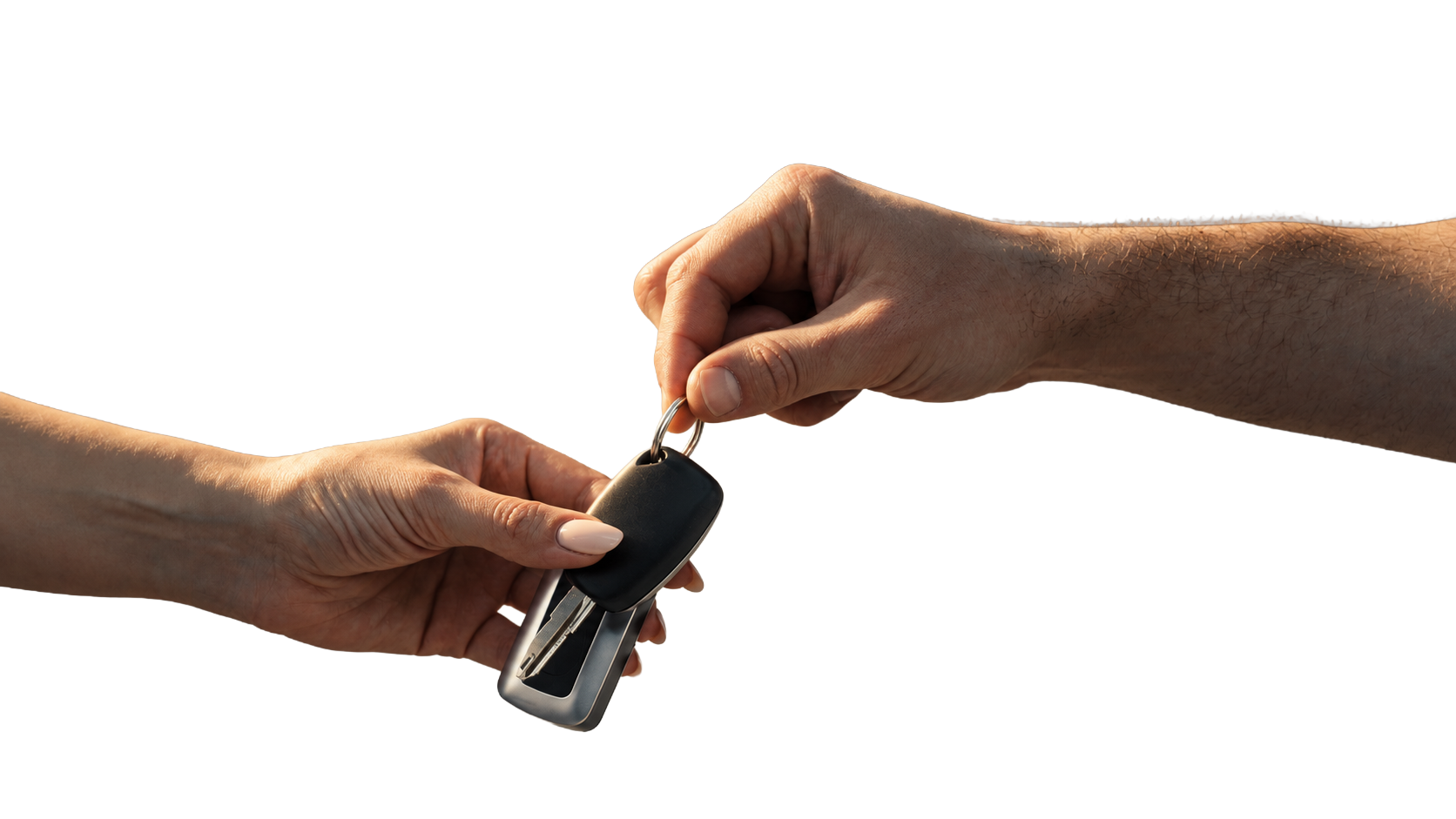 A person is handing over a set of car keys to another person, with the focus on the hands and the keys.