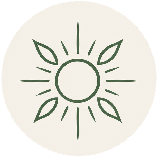 A minimalist illustration of a sun, with a circle in the center and lines and leaf-like shapes radiating outward on a white background.