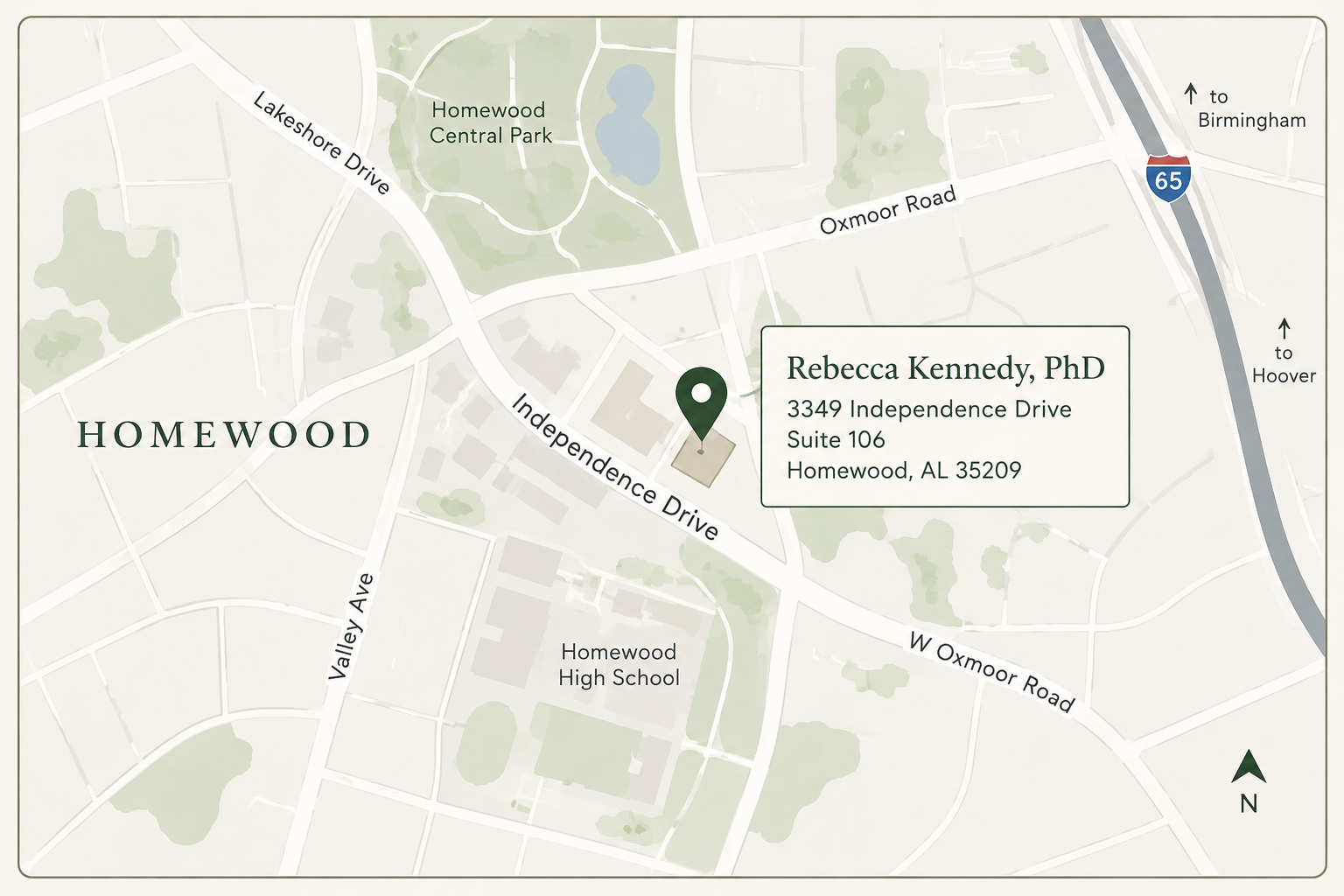 Map showing the location of Rebecca Kennedy, PhD at 3349 Independence Drive, Suite 106 in Homewood, Alabama with nearby streets and landmarks including Homewood Central Park, Homewood High School, and major roads like Lakeshore Drive and Oxmoor Road.