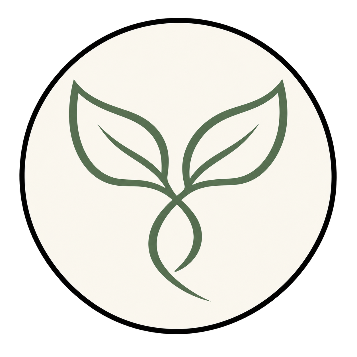 A minimalist logo featuring two green leaves with a stem forming a symmetrical design inside a circular background.