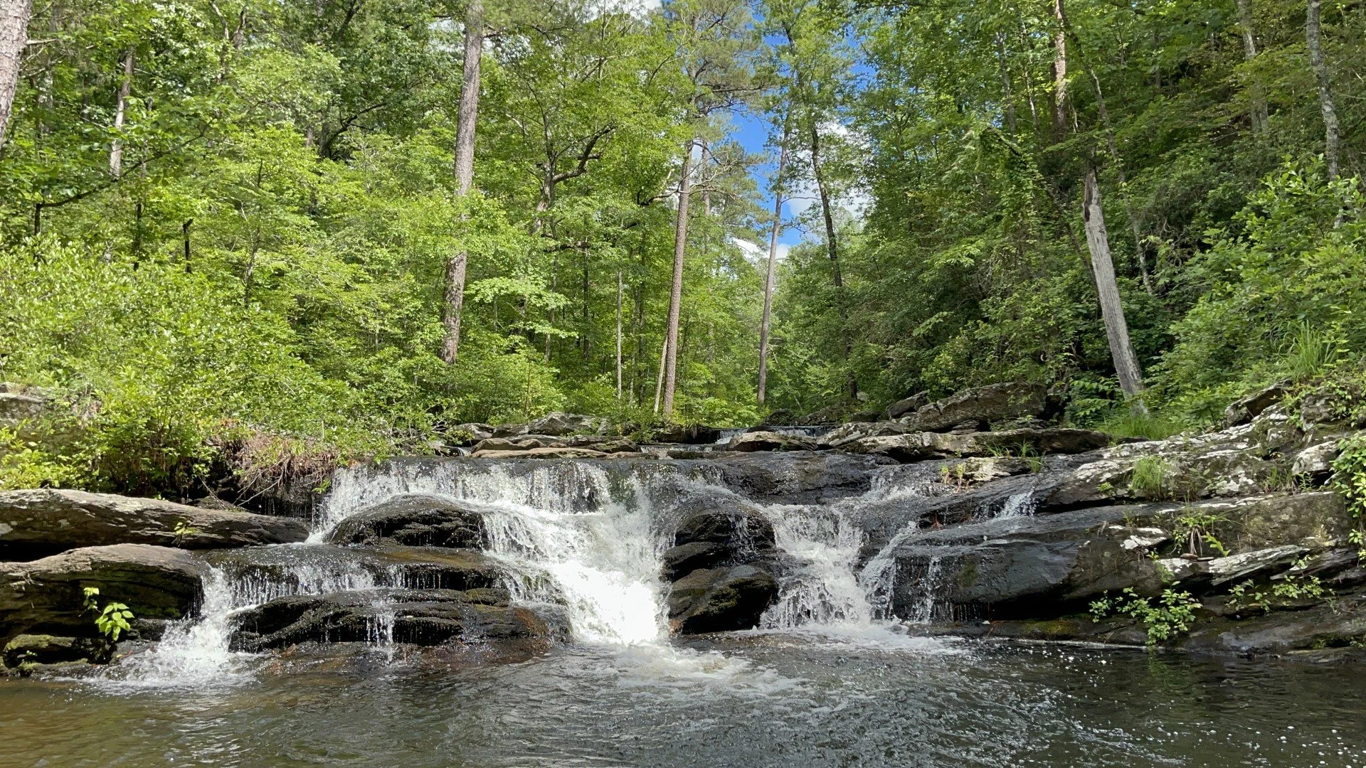 A small waterfall flowing over rocks in a forest with lush green trees and a bright blue sky.