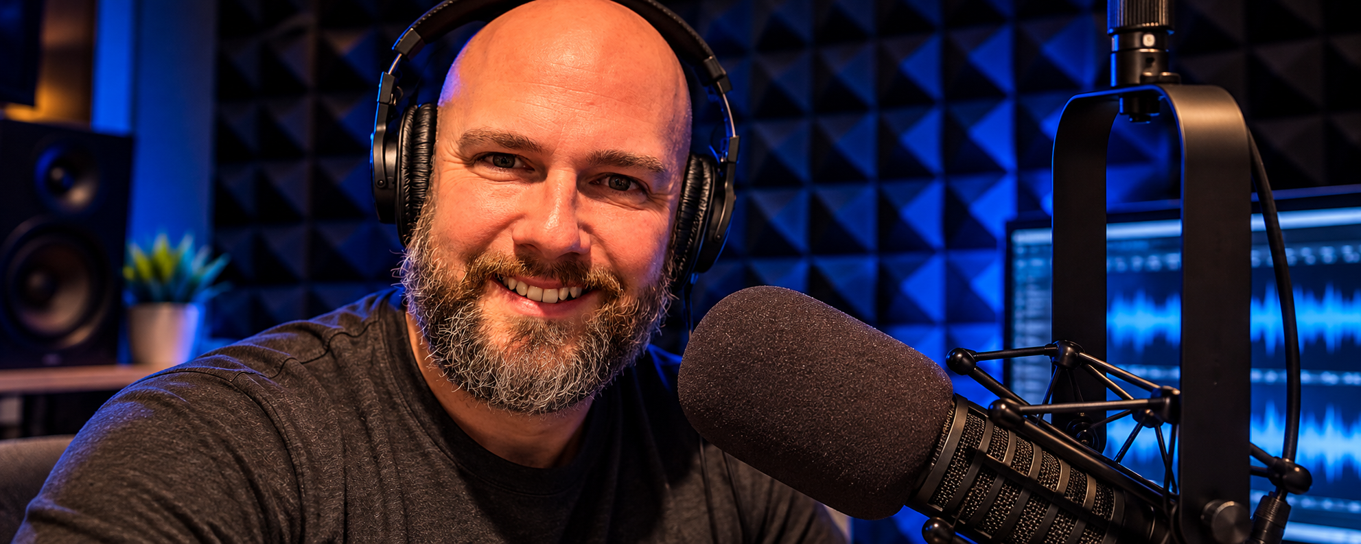 Ryan Dupree smiling in his professional voiceover studio with headphones and microphone.
