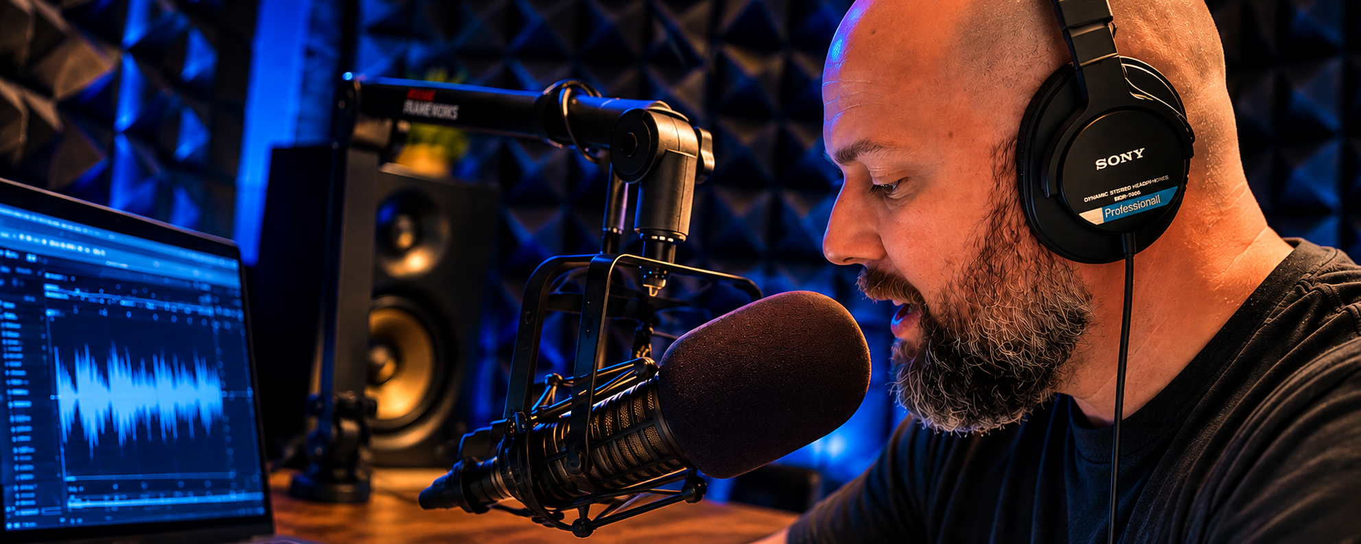 Ryan Dupree recording voiceover in his professional home studio with microphone, headphones and audio editing workstation.