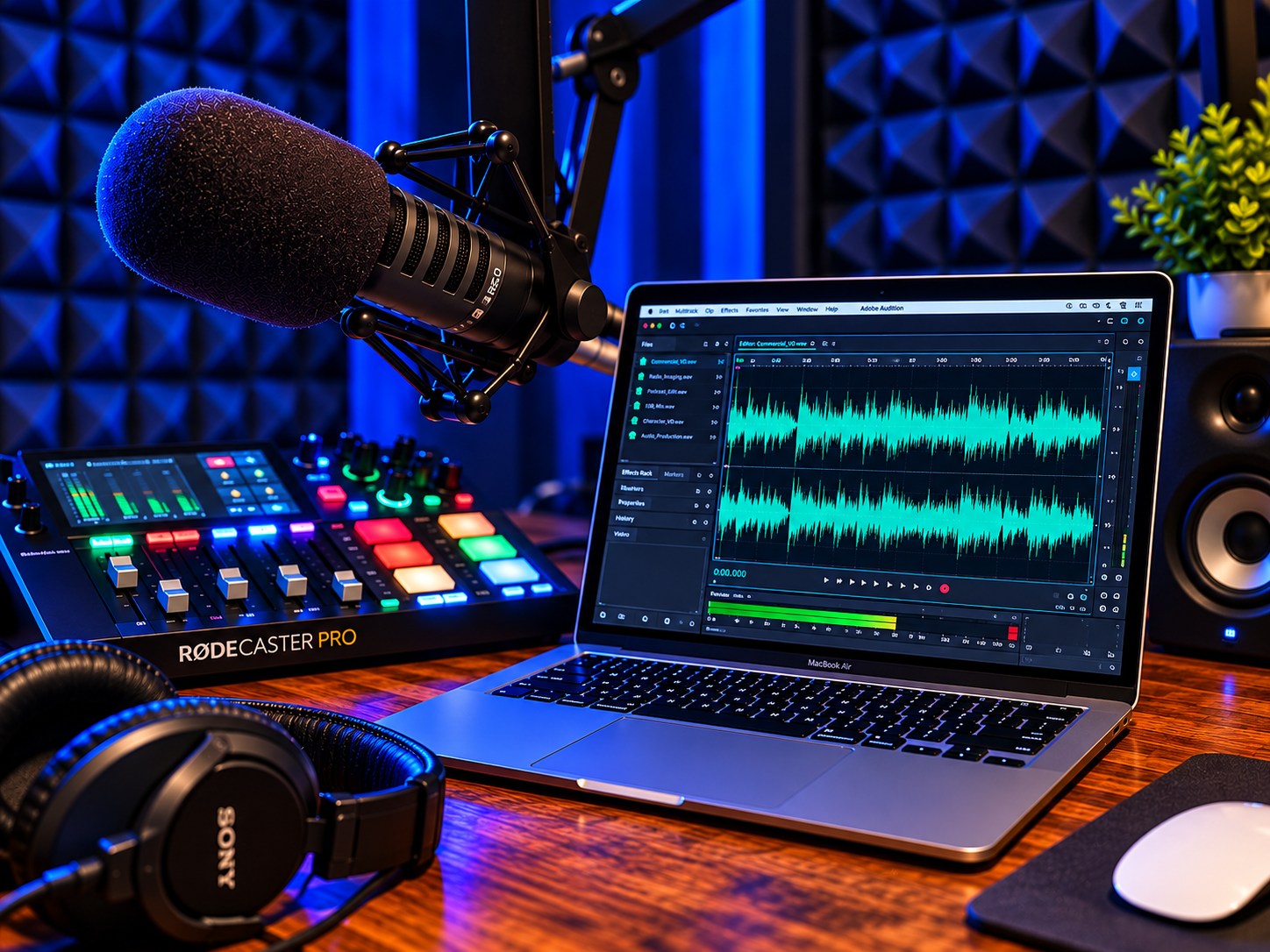 Professional voiceover and audio production studio with microphone, headphones, RØDECaster Duo and recording workstation.