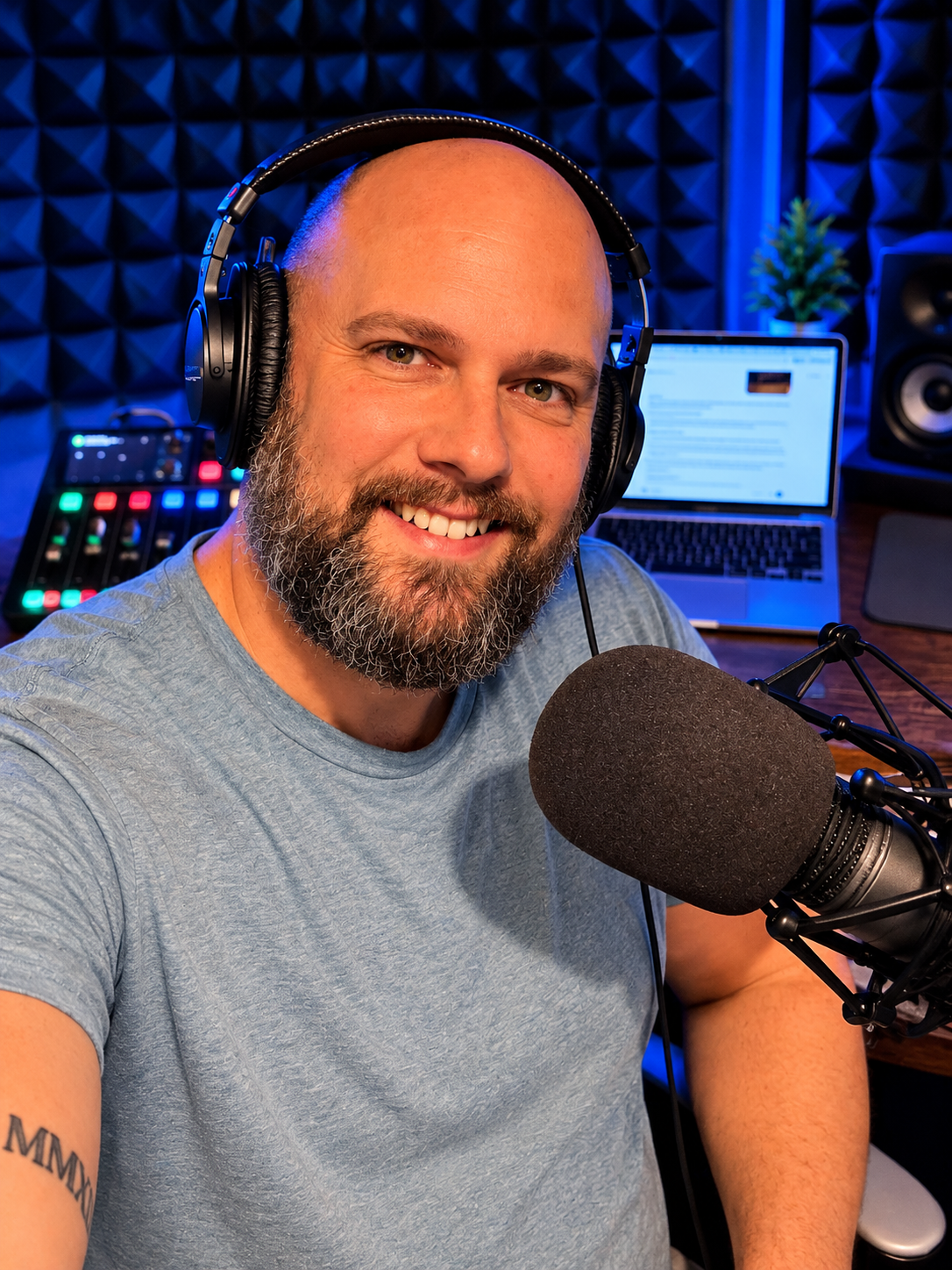Ryan Dupree recording professional voiceover at the microphone in his home studio.