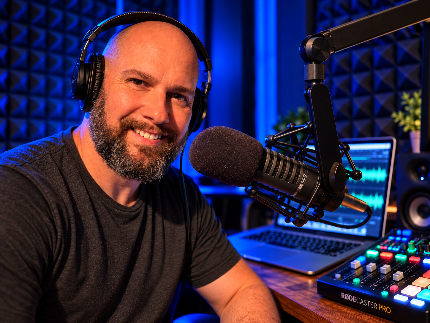RØDECaster Duo and professional broadcast microphone in Ryan Dupree’s audio production studio.
