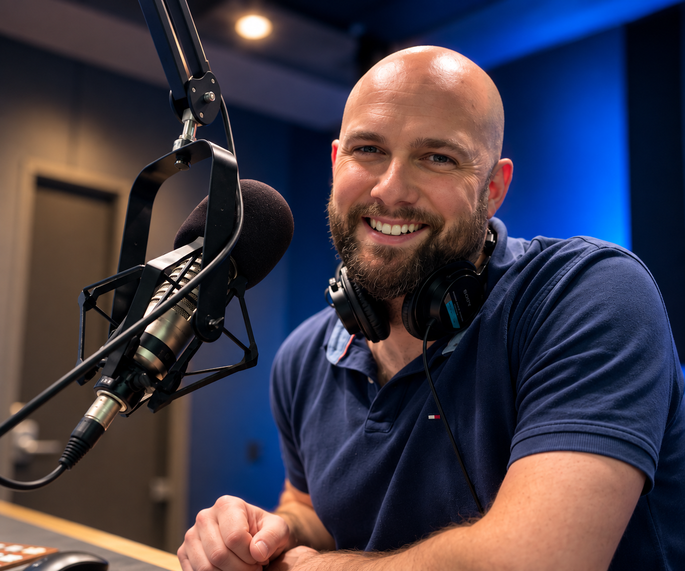 Professional voiceover microphone and headphones in Ryan Dupree’s home recording studio.