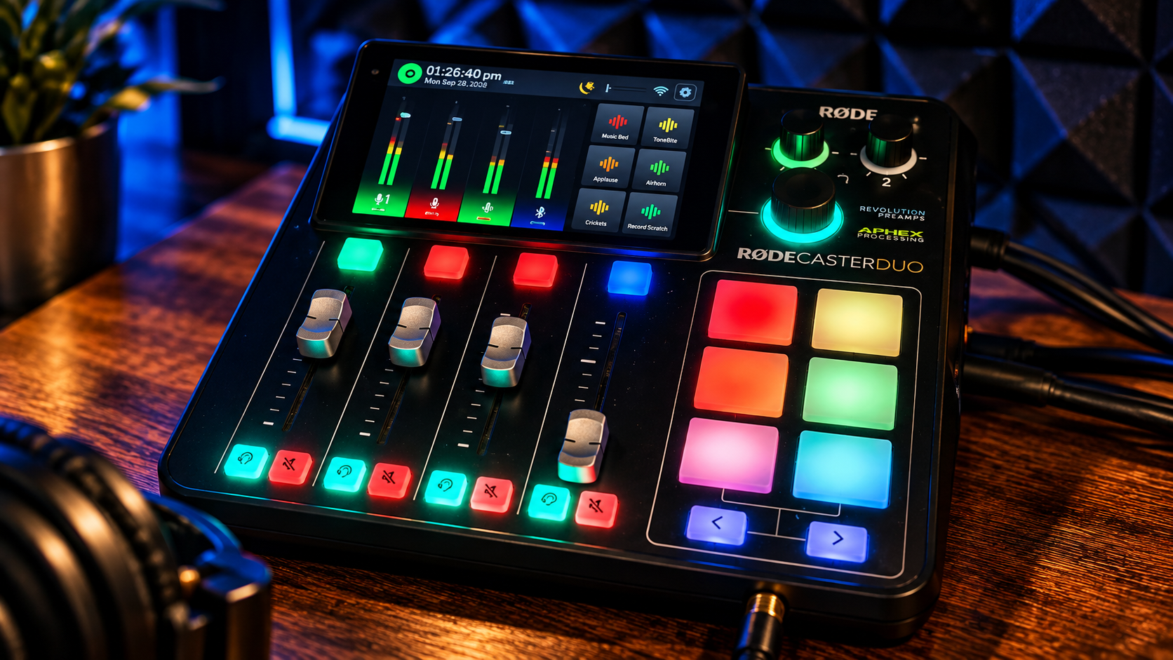 RØDECaster Duo audio mixer used for professional voiceover, radio and audio production.